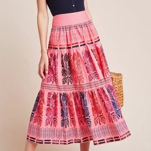 NWT Anthropologie Auberte Poplin Tiered Midi Skirt Size 12 Pink Red